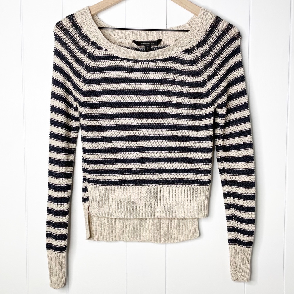 55% Linen High-Low Hem Knitted Striped Sweater Top, Sz XS